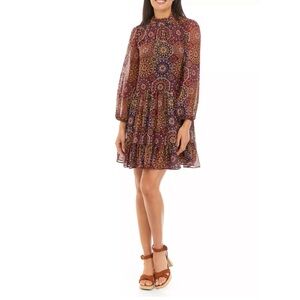 Gabby Skye Multicolor Medallion Print Long-Sleeve Ruffle Dress